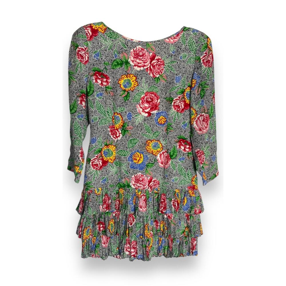 Vintage 80s Bill Blass Designer Silk Floral Dropwaist Mini Dress Long Sleeve 8